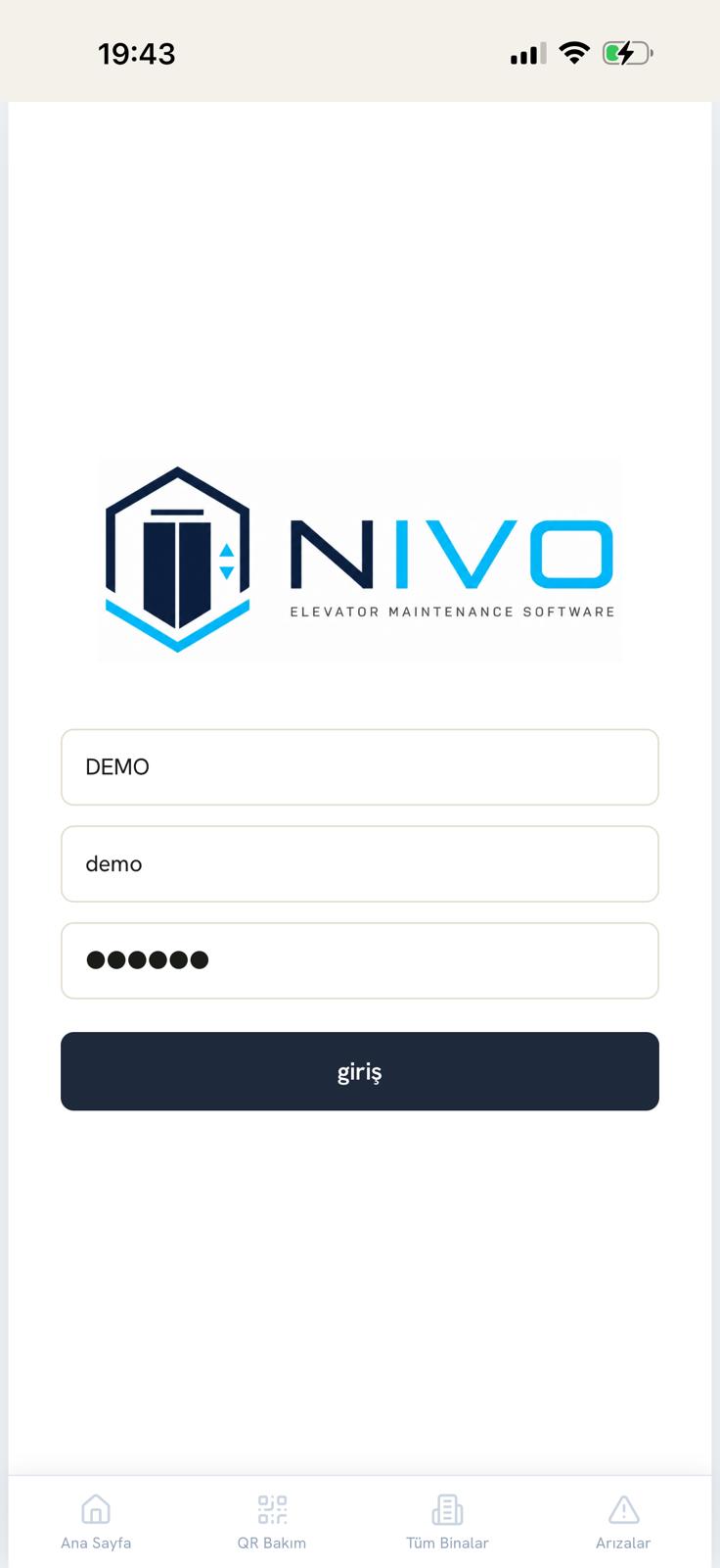 Nivo mobil uygulama giriş ekranı